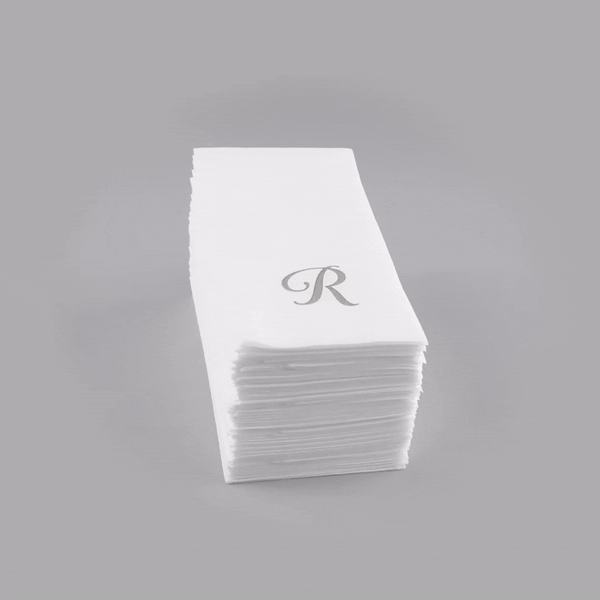 Luxenap Rectangle Silver Letter R White Paper Linen-Feel Guest Towel / Napkin - Air Laid, Cursive Font - 15 3/4" x 8" - 2000 count box