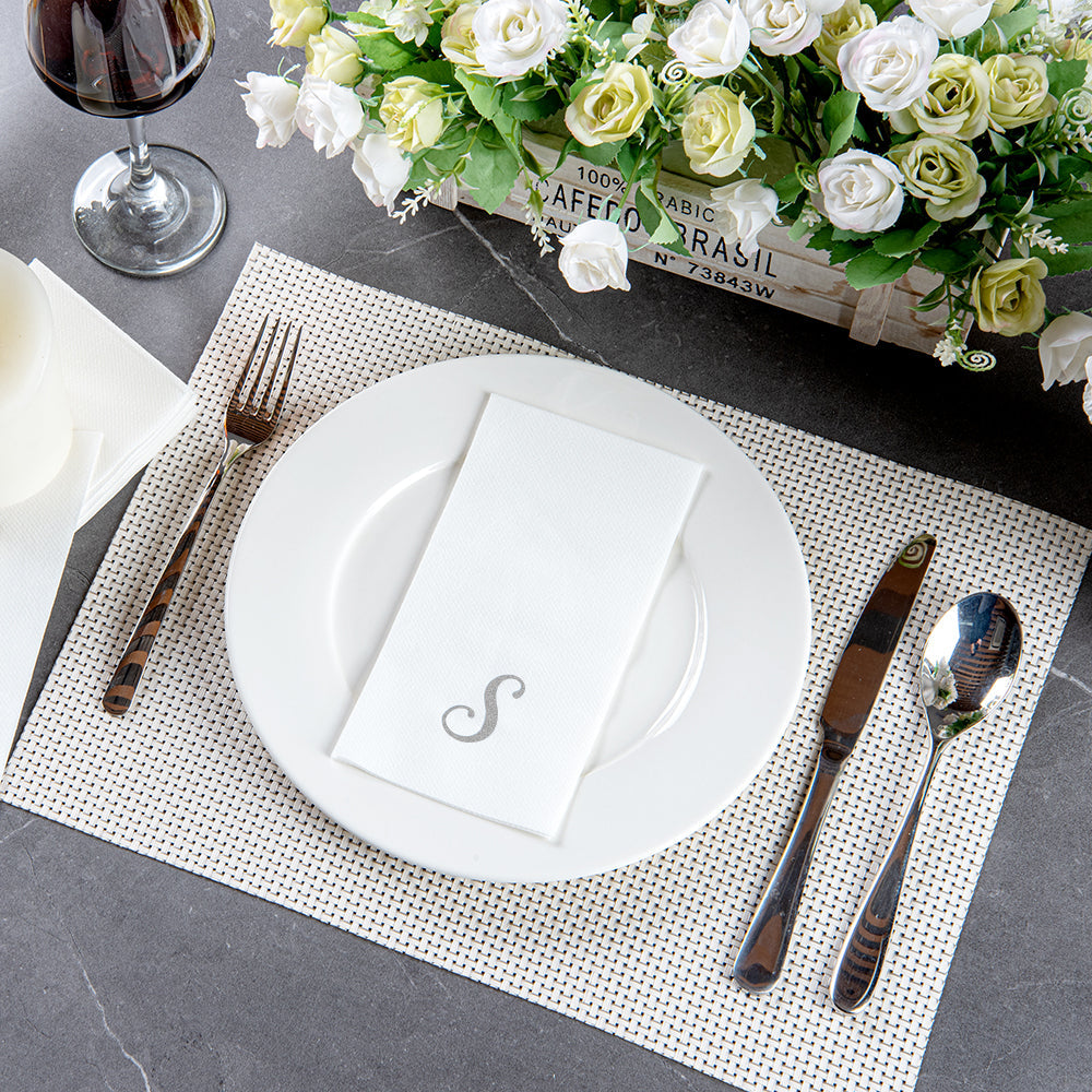 Luxenap Rectangle Silver Letter S White Paper Linen-Feel Guest Towel / Napkin - Air Laid, Cursive Font - 15 3/4" x 8" - 2000 count box