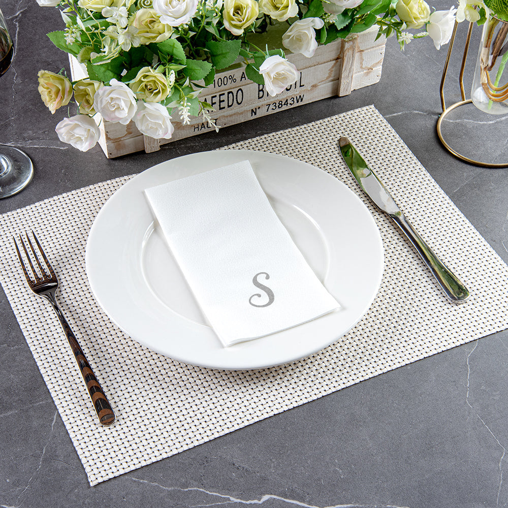 Luxenap Rectangle Silver Letter S White Paper Linen-Feel Guest Towel / Napkin - Air Laid, Cursive Font - 15 3/4" x 8" - 50 count box