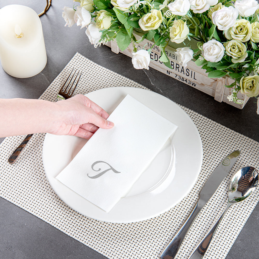 Luxenap Rectangle Silver Letter T White Paper Linen-Feel Guest Towel / Napkin - Air Laid, Cursive Font - 15 3/4" x 8" - 2000 count box