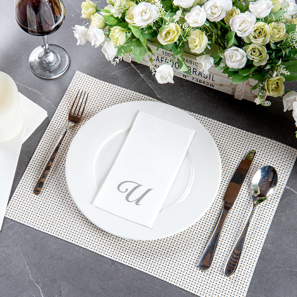 Luxenap Rectangle Silver Letter U White Paper Linen-Feel Guest Towel / Napkin - Air Laid, Cursive Font - 15 3/4" x 8" - 50 count box