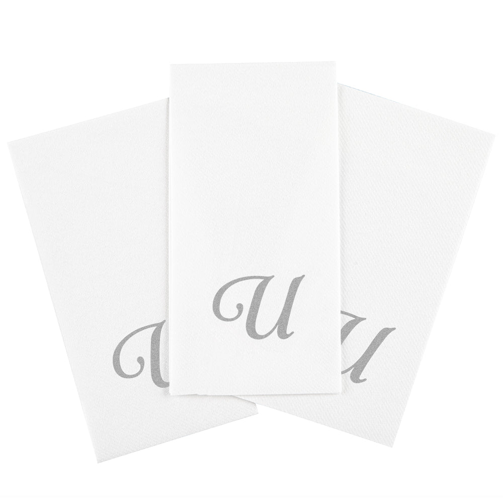 Luxenap Rectangle Silver Letter U White Paper Linen-Feel Guest Towel / Napkin - Air Laid, Cursive Font - 15 3/4" x 8" - 50 count box