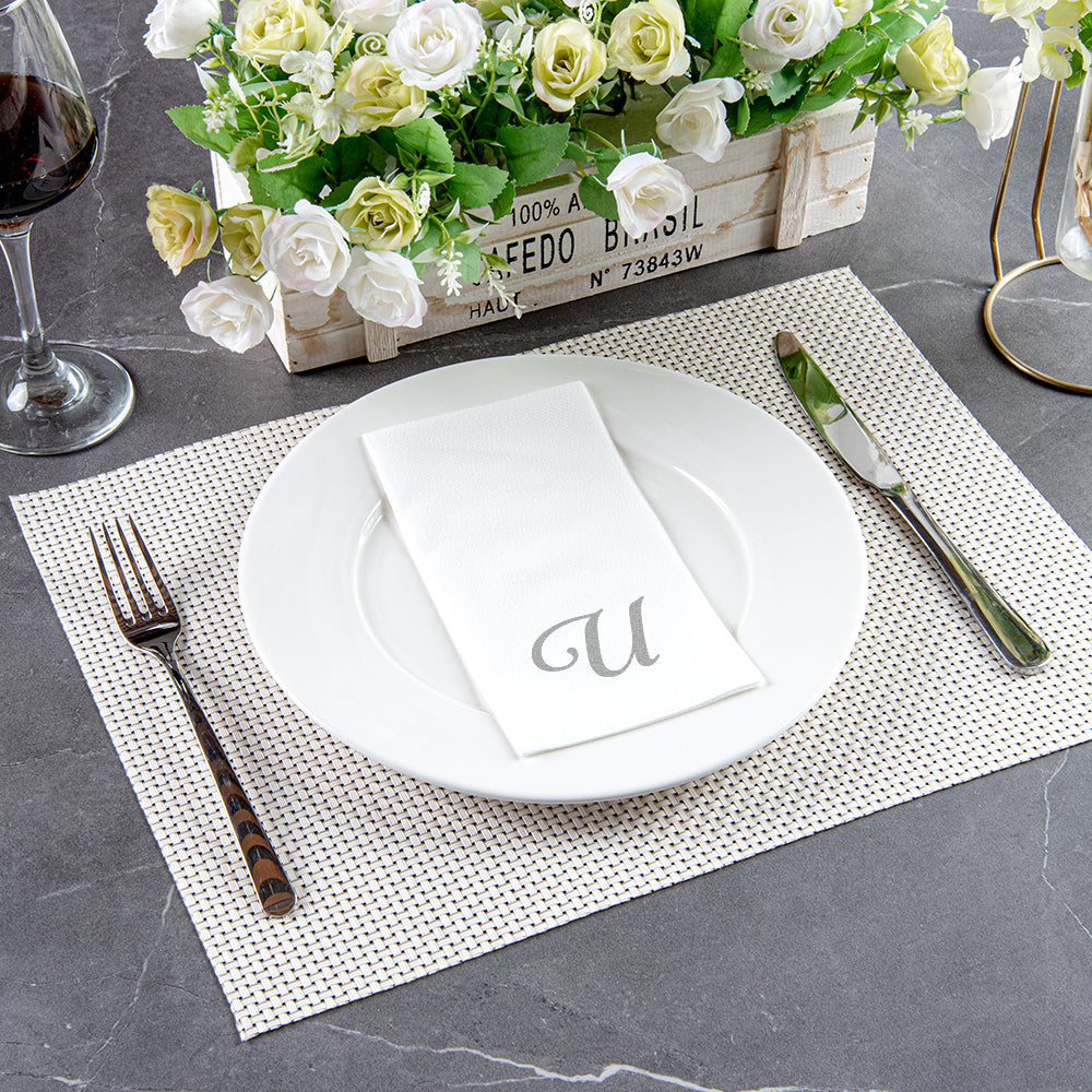 Luxenap Rectangle Silver Letter U White Paper Linen-Feel Guest Towel / Napkin - Air Laid, Cursive Font - 15 3/4" x 8" - 50 count box