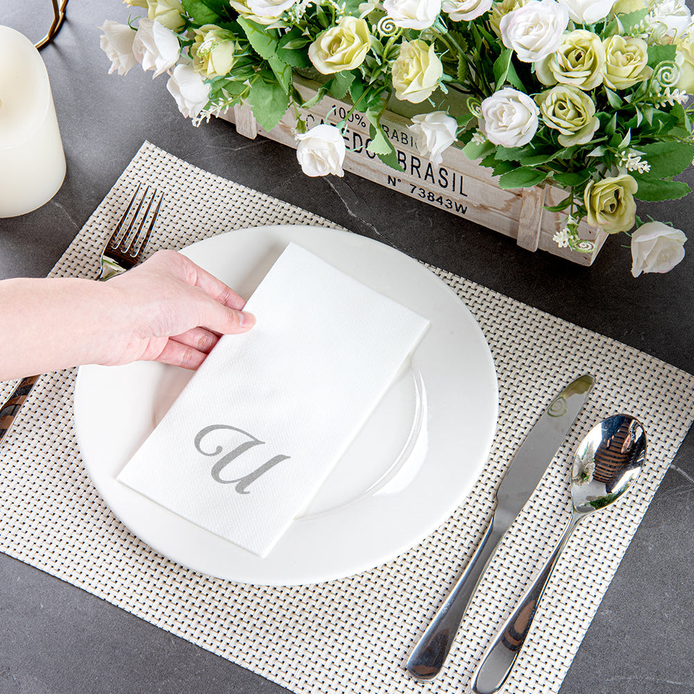 Luxenap Rectangle Silver Letter U White Paper Linen-Feel Guest Towel / Napkin - Air Laid, Cursive Font - 15 3/4" x 8" - 50 count box