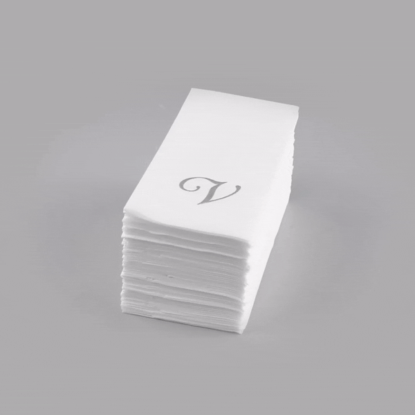 Luxenap Rectangle Silver Letter V White Paper Linen-Feel Guest Towel / Napkin - Air Laid, Cursive Font - 15 3/4" x 8" - 2000 count box