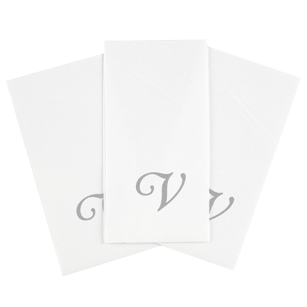 Luxenap Rectangle Silver Letter V White Paper Linen-Feel Guest Towel / Napkin - Air Laid, Cursive Font - 15 3/4" x 8" - 2000 count box