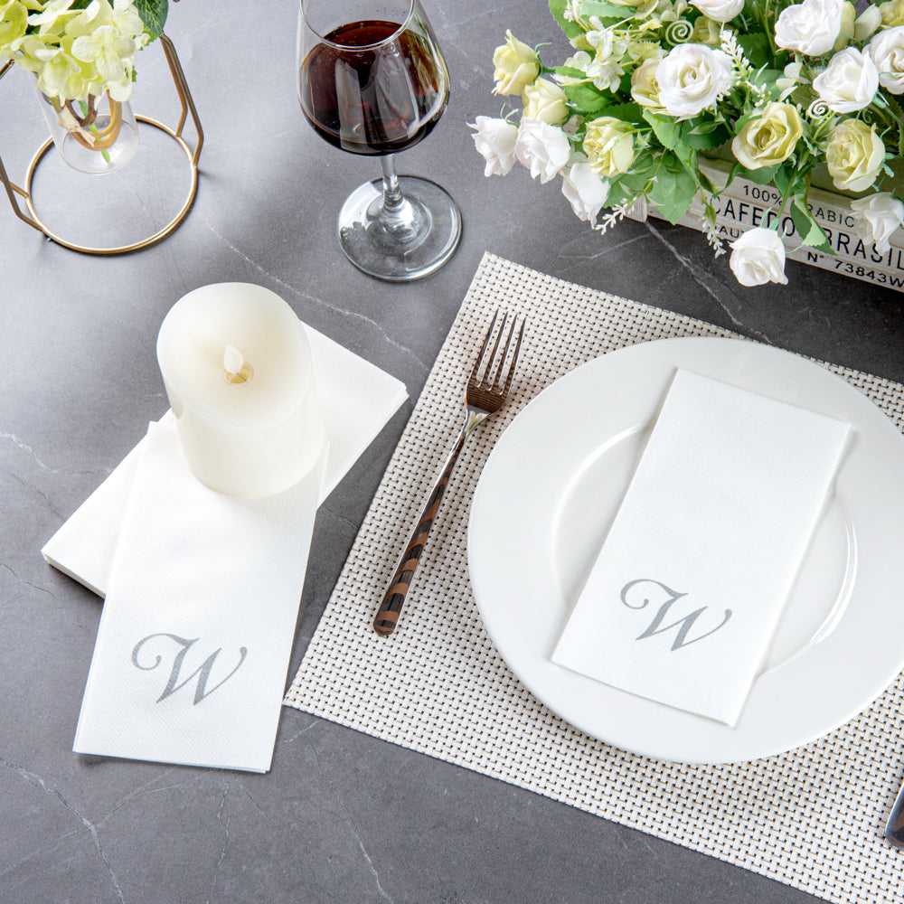 Luxenap Rectangle Silver Letter W White Paper Linen-Feel Guest Towel / Napkin - Air Laid, Cursive Font - 15 3/4" x 8" - 2000 count box