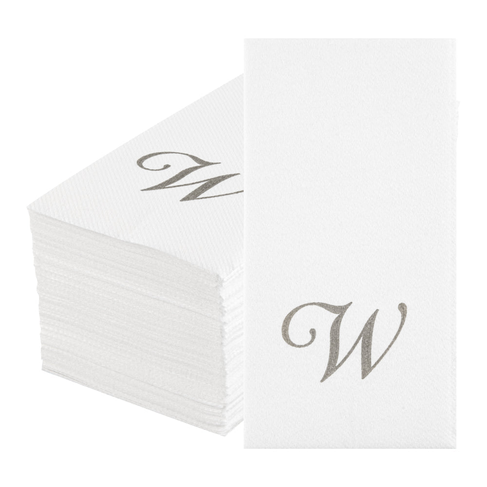 Luxenap Rectangle Silver Letter W White Paper Linen-Feel Guest Towel / Napkin - Air Laid, Cursive Font - 15 3/4" x 8" - 50 count box