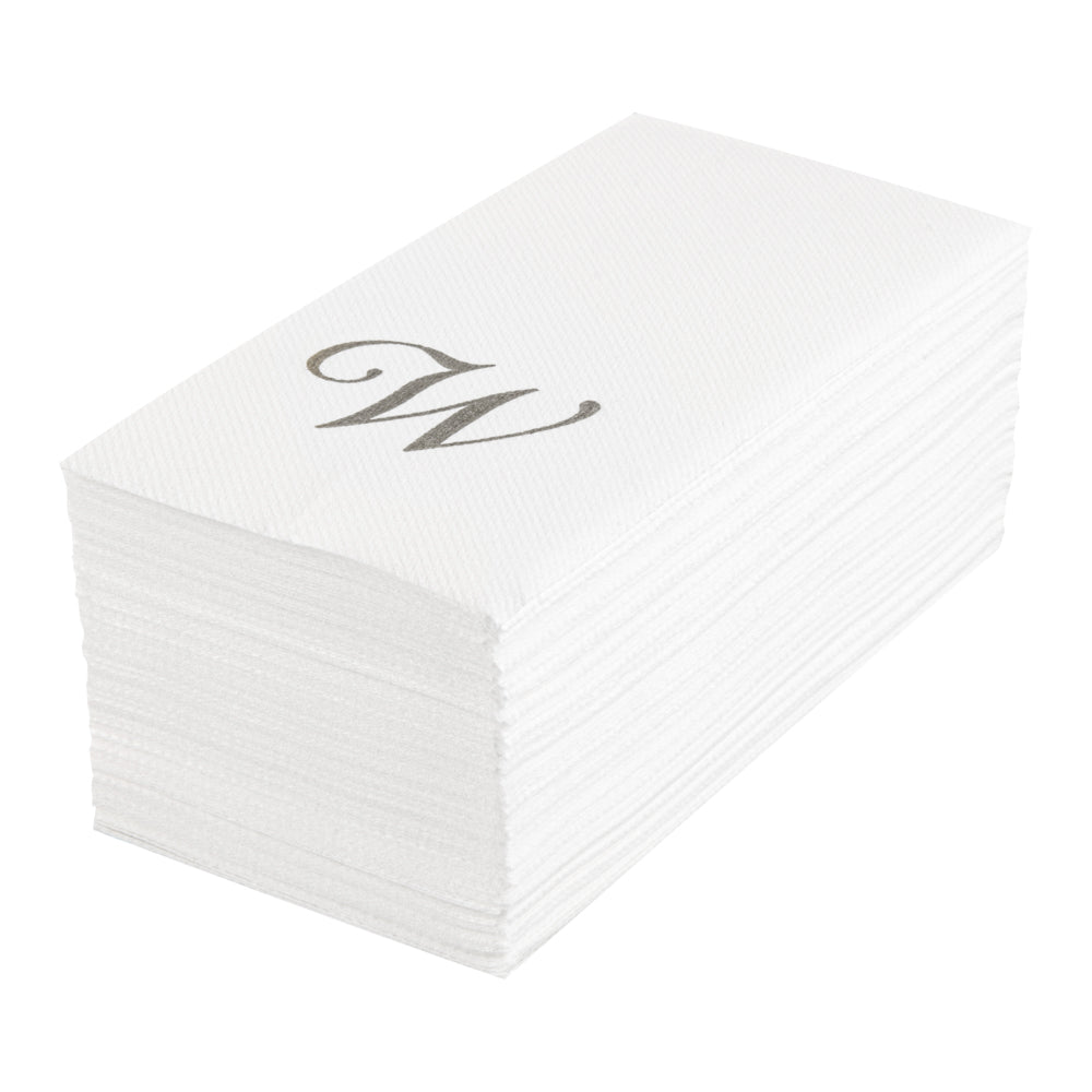 Luxenap Rectangle Silver Letter W White Paper Linen-Feel Guest Towel / Napkin - Air Laid, Cursive Font - 15 3/4" x 8" - 50 count box