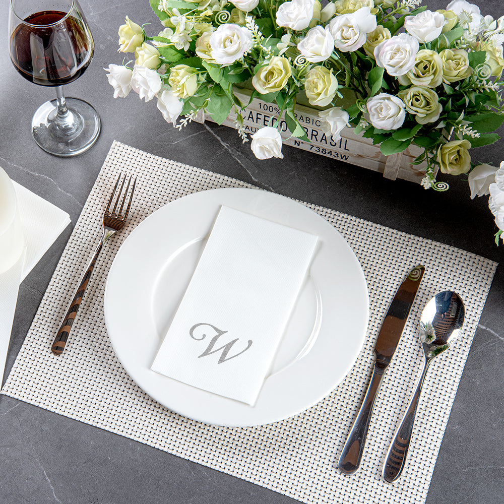 Luxenap Rectangle Silver Letter W White Paper Linen-Feel Guest Towel / Napkin - Air Laid, Cursive Font - 15 3/4" x 8" - 50 count box