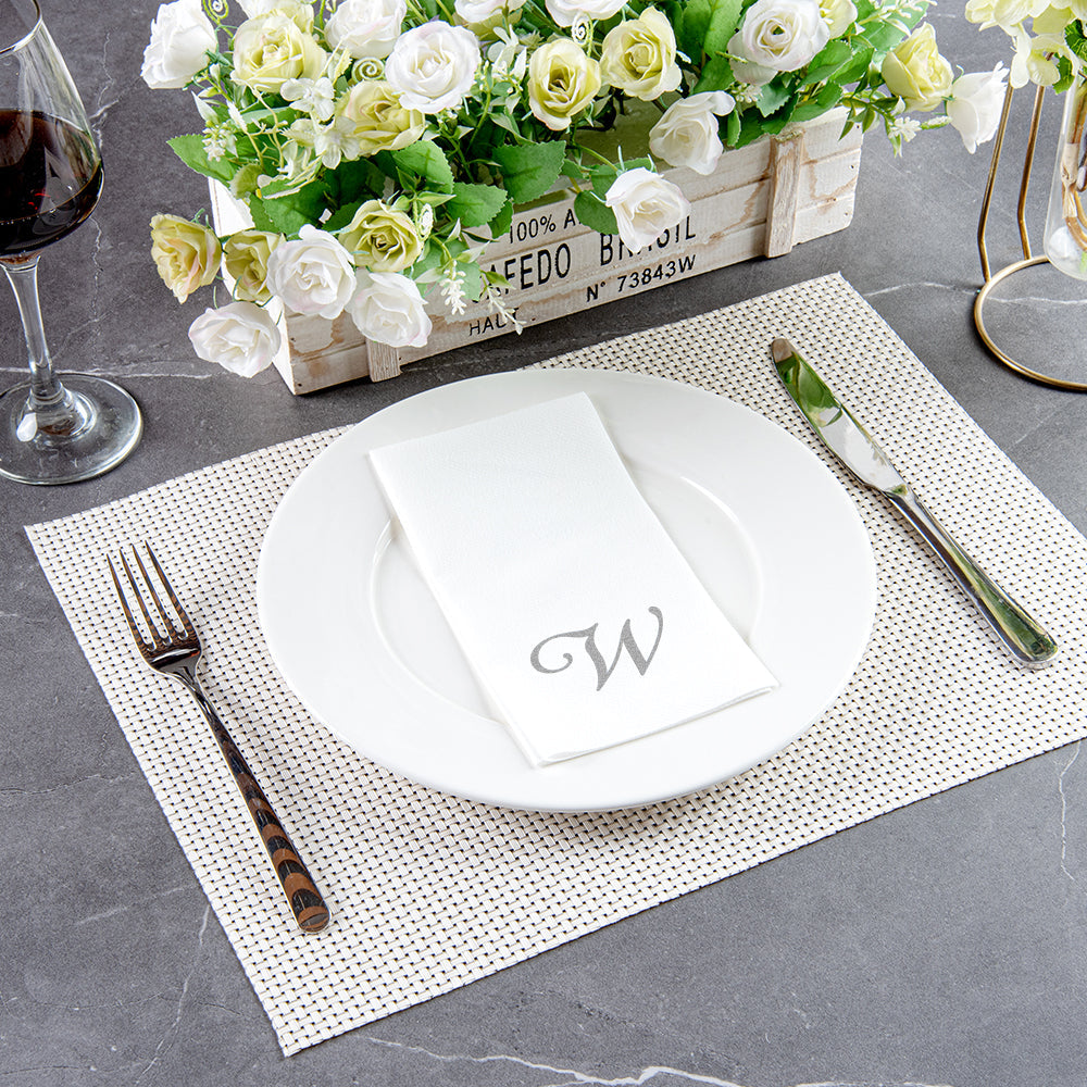 Luxenap Rectangle Silver Letter W White Paper Linen-Feel Guest Towel / Napkin - Air Laid, Cursive Font - 15 3/4" x 8" - 2000 count box