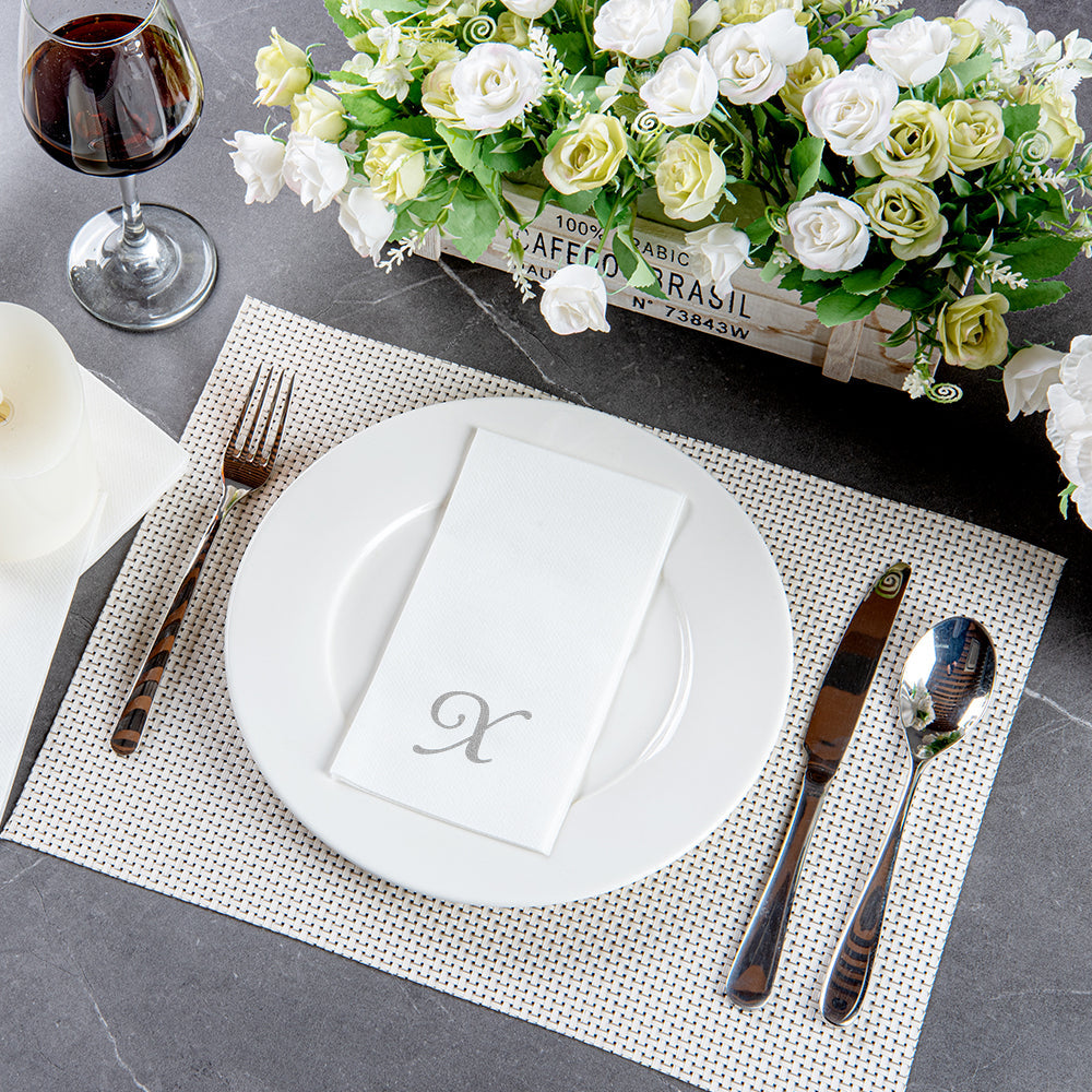Luxenap Rectangle Silver Letter X White Paper Linen-Feel Guest Towel / Napkin - Air Laid, Cursive Font - 15 3/4" x 8" - 2000 count box