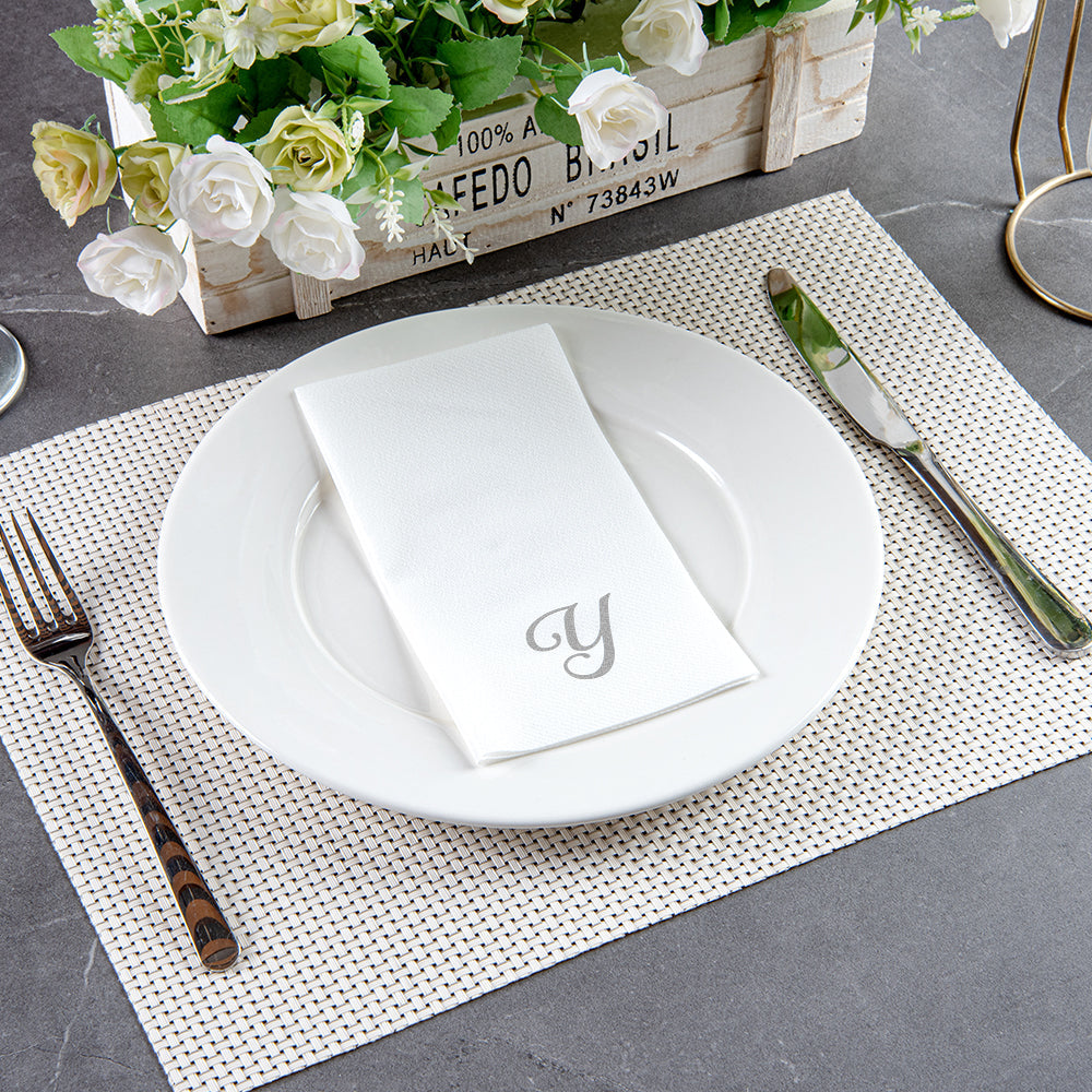Luxenap Rectangle Silver Letter Y White Paper Linen-Feel Guest Towel / Napkin - Air Laid, Cursive Font - 15 3/4" x 8" - 2000 count box