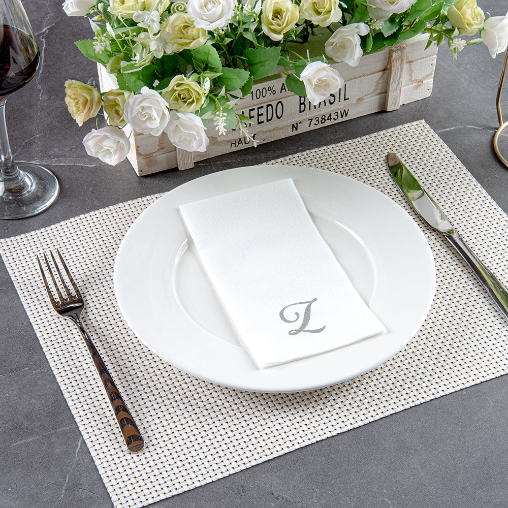 Luxenap Rectangle Silver Letter Z White Paper Linen-Feel Guest Towel / Napkin - Air Laid, Cursive Font - 15 3/4" x 8" - 2000 count box