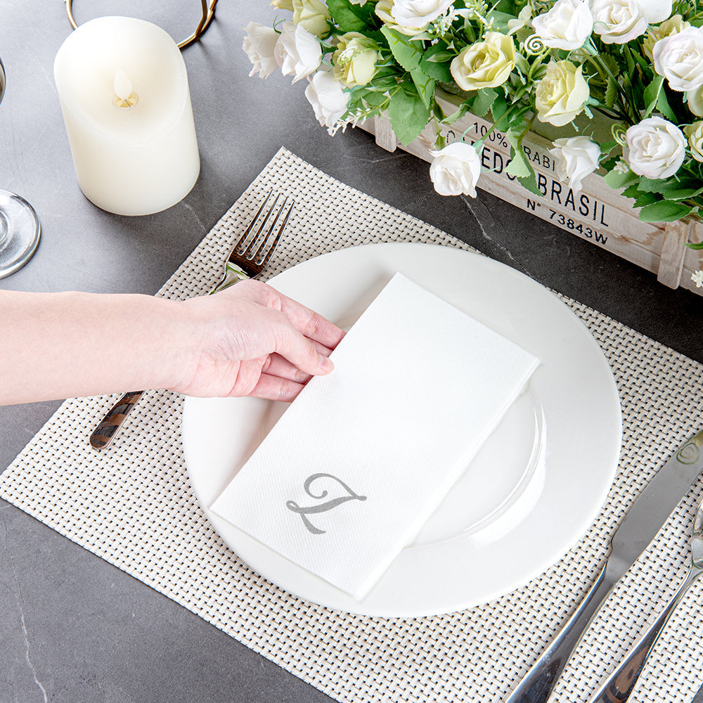 Luxenap Rectangle Silver Letter Z White Paper Linen-Feel Guest Towel / Napkin - Air Laid, Cursive Font - 15 3/4" x 8" - 2000 count box