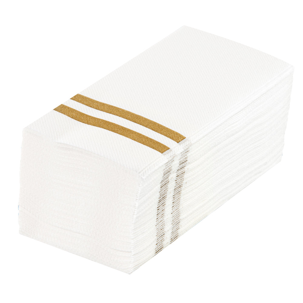 Luxenap Rectangle Gold Striped White Paper Linen-Feel Guest Towel / Napkin - Air Laid - 15 3/4" x 8" - 50 count box