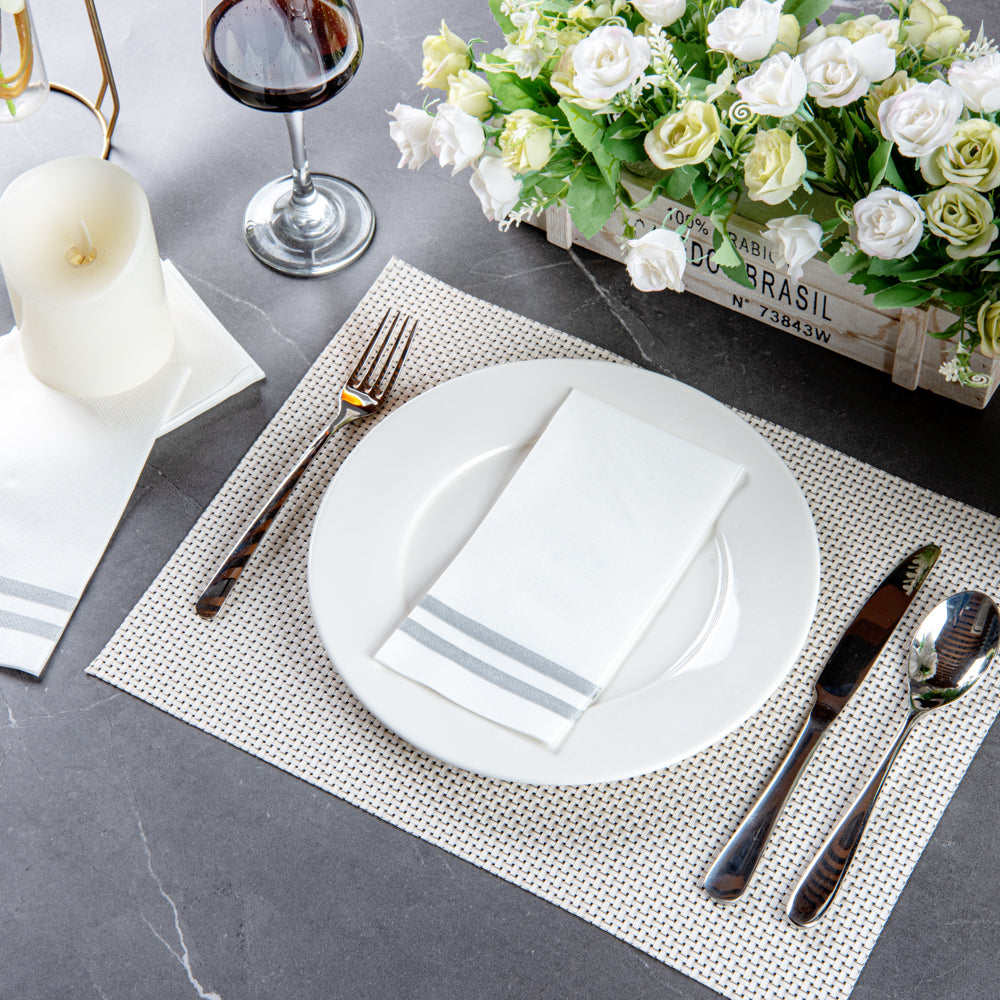Luxenap Rectangle Silver Striped White Paper Linen-Feel Guest Towel / Napkin - Air Laid - 15 3/4" x 8" - 2000 count box