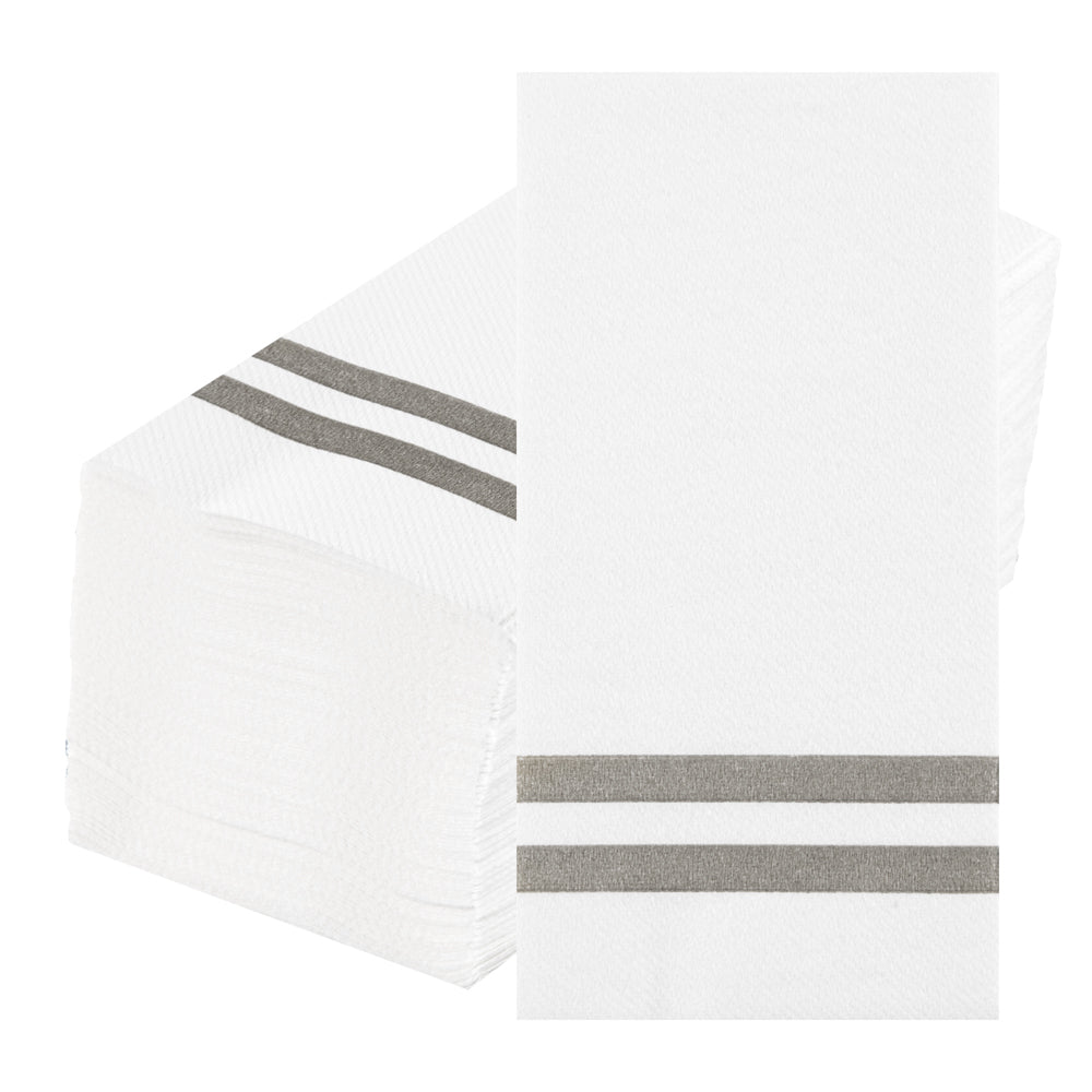 Luxenap Rectangle Silver Striped White Paper Linen-Feel Guest Towel / Napkin - Air Laid - 15 3/4" x 8" - 50 count box