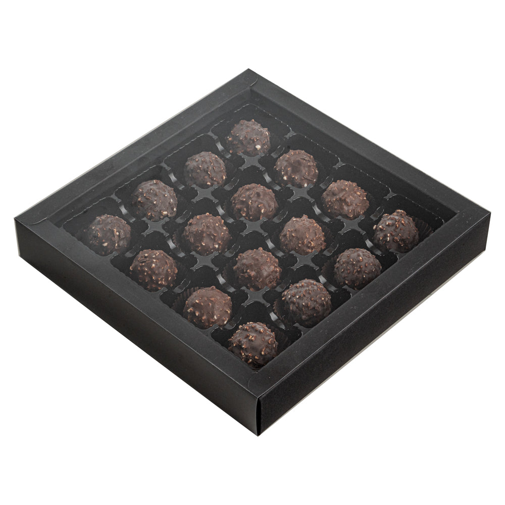 Sweet Vision Square Black Paper Candy / Chocolate Boxes - 16 Compartments - 9" x 9" x 1 1/2" - 10 count box