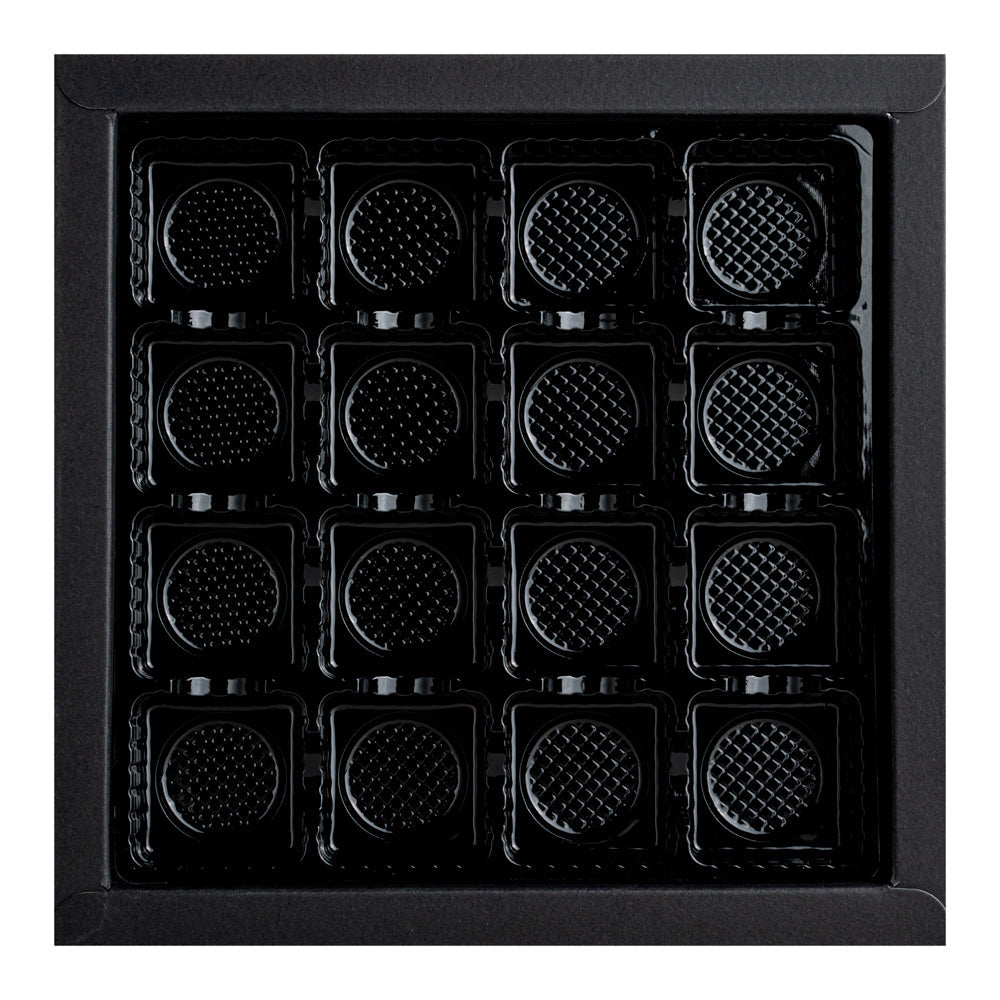 Sweet Vision Square Black Paper Candy / Chocolate Boxes - 16 Compartments - 9" x 9" x 1 1/2" - 10 count box