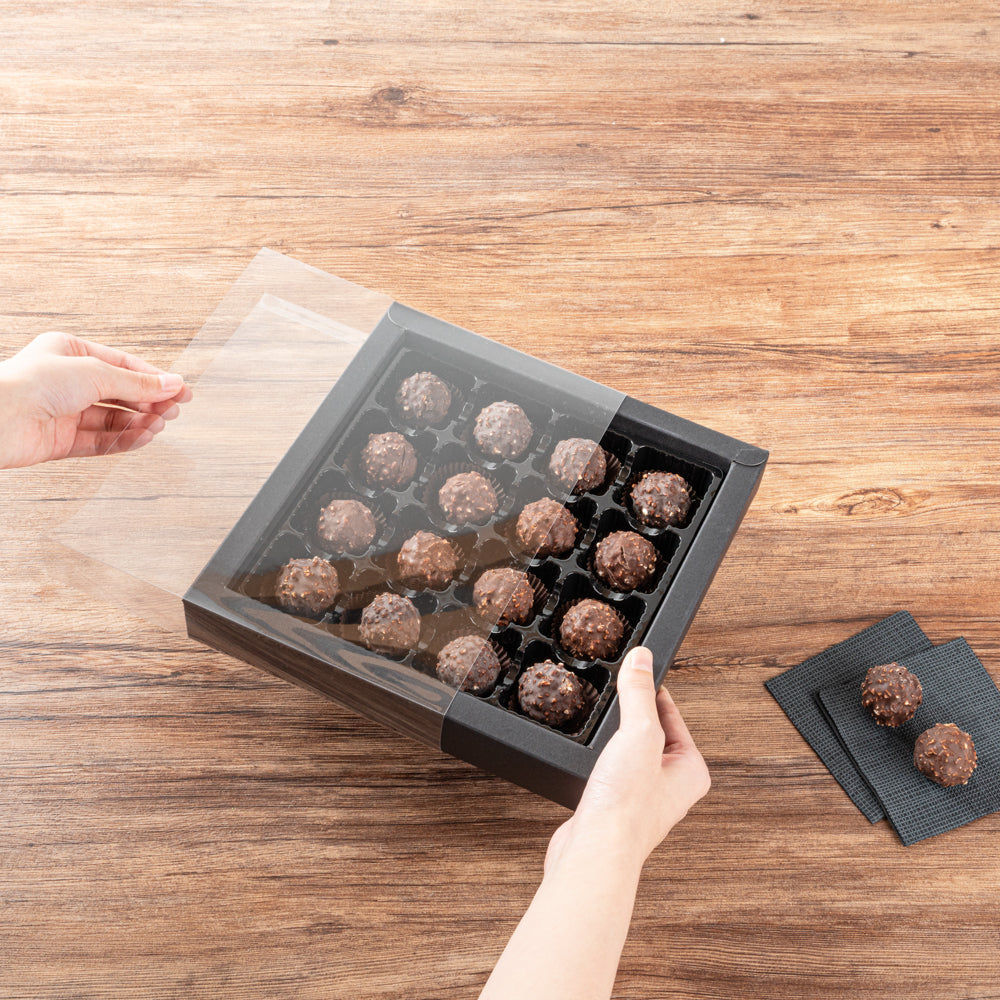 Sweet Vision Square Black Paper Candy / Chocolate Boxes - 16 Compartments - 9" x 9" x 1 1/2" - 10 count box