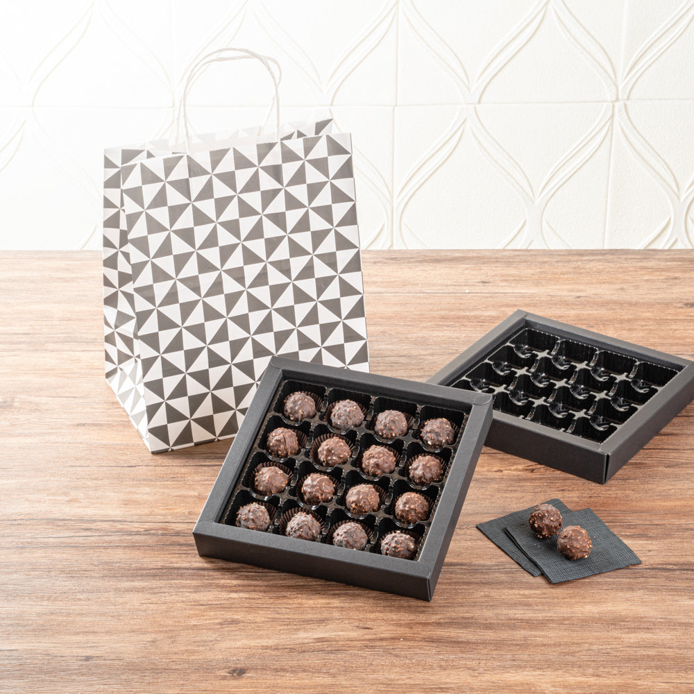 Sweet Vision Square Black Paper Candy / Chocolate Boxes - 16 Compartments - 9" x 9" x 1 1/2" - 10 count box
