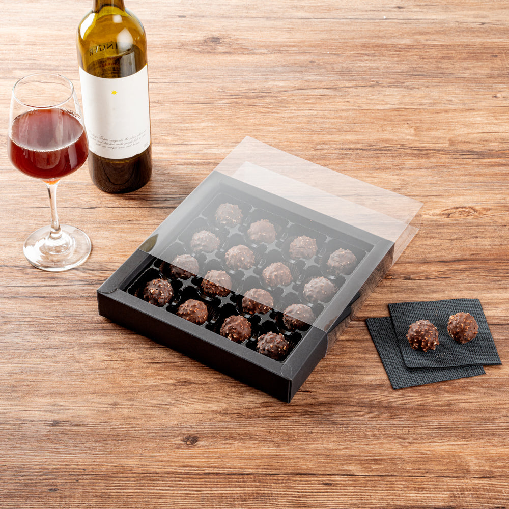 Sweet Vision Square Black Paper Candy / Chocolate Boxes - 16 Compartments - 9" x 9" x 1 1/2" - 100 count box