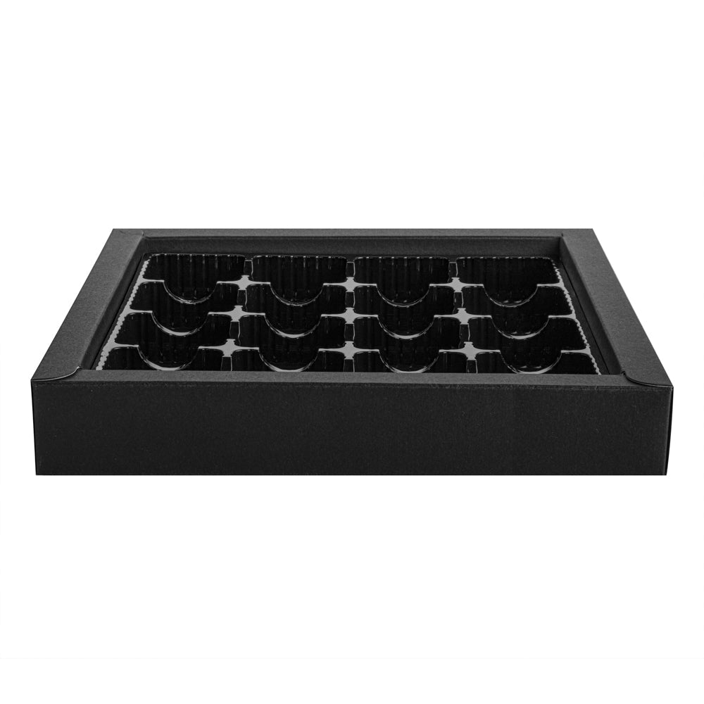 Sweet Vision Square Black Paper Candy / Chocolate Boxes - 16 Compartments - 9" x 9" x 1 1/2" - 100 count box