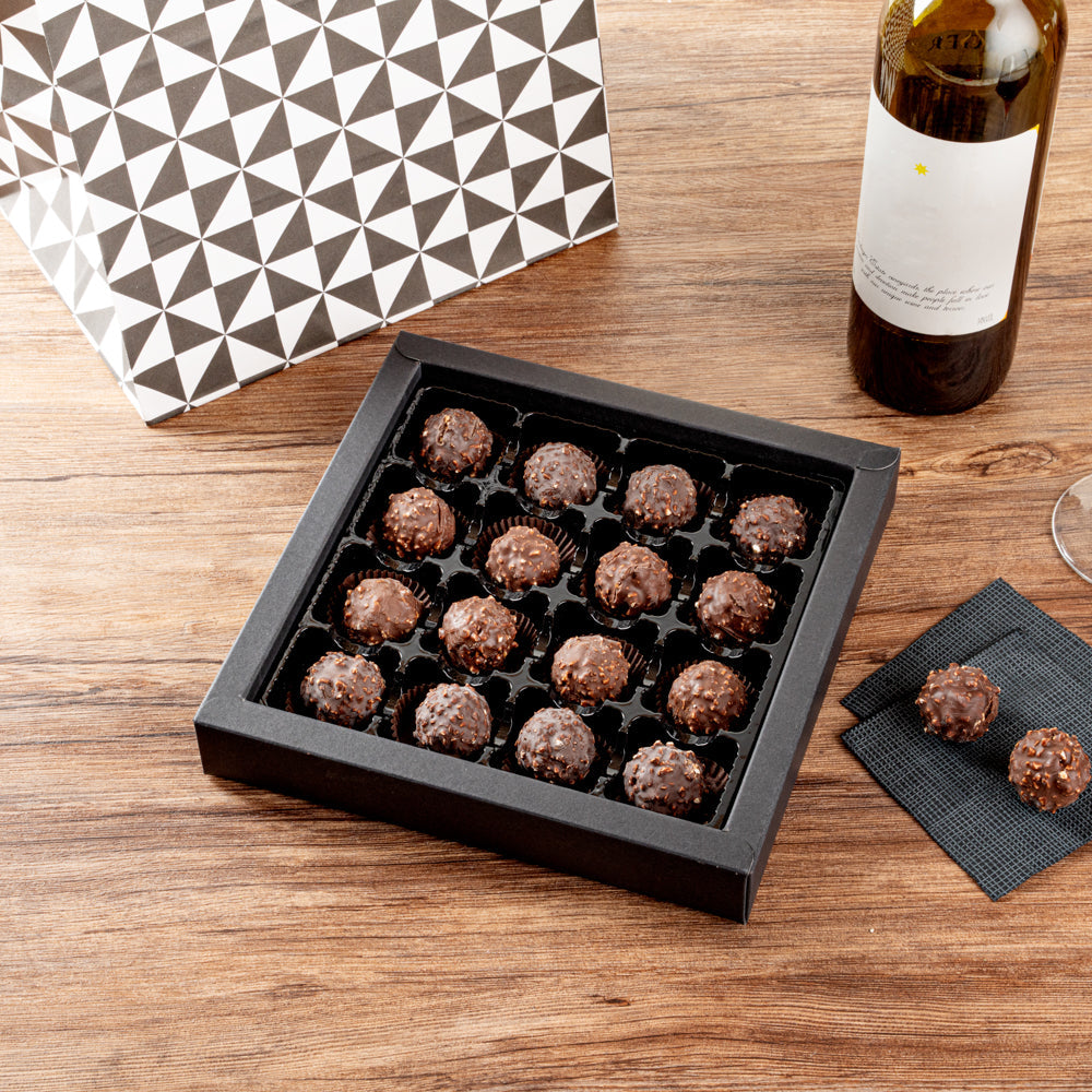 Sweet Vision Square Black Paper Candy / Chocolate Boxes - 16 Compartments - 9" x 9" x 1 1/2" - 100 count box