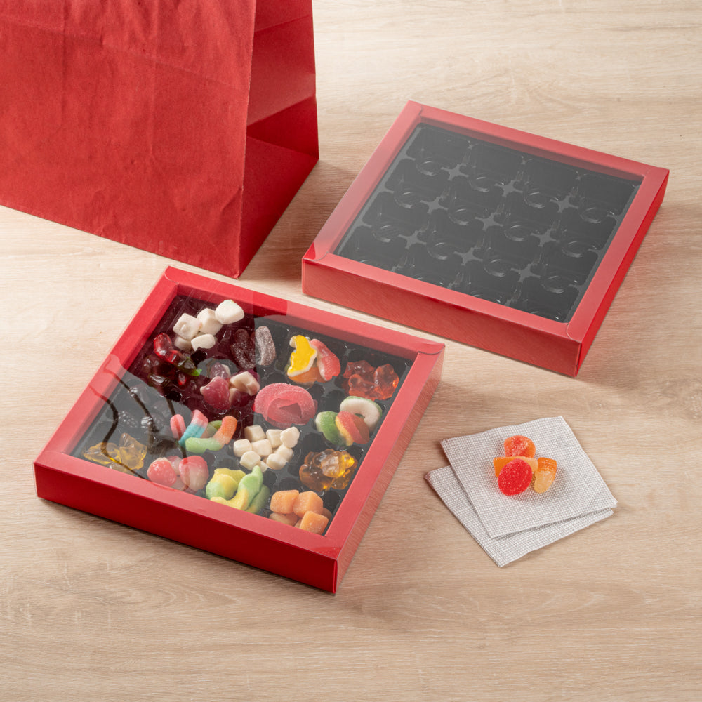 Sweet Vision Square Red Paper Candy / Chocolate Boxes - 16 Compartments - 9" x 9" x 1 1/2" - 100 count box
