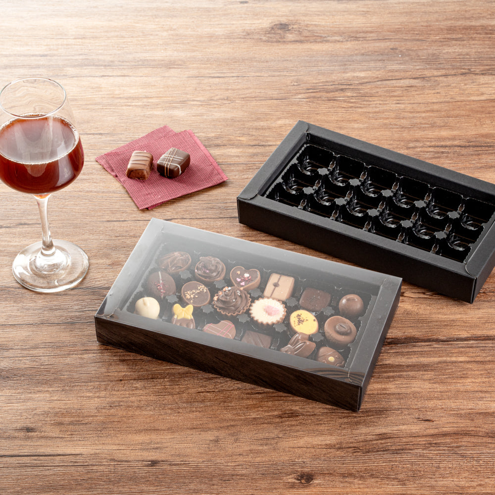 Sweet Vision Rectangle Black Paper Candy / Chocolate Boxes - 18 Compartments - 10" x 5 3/4" x 1 1/2" - 10 count box
