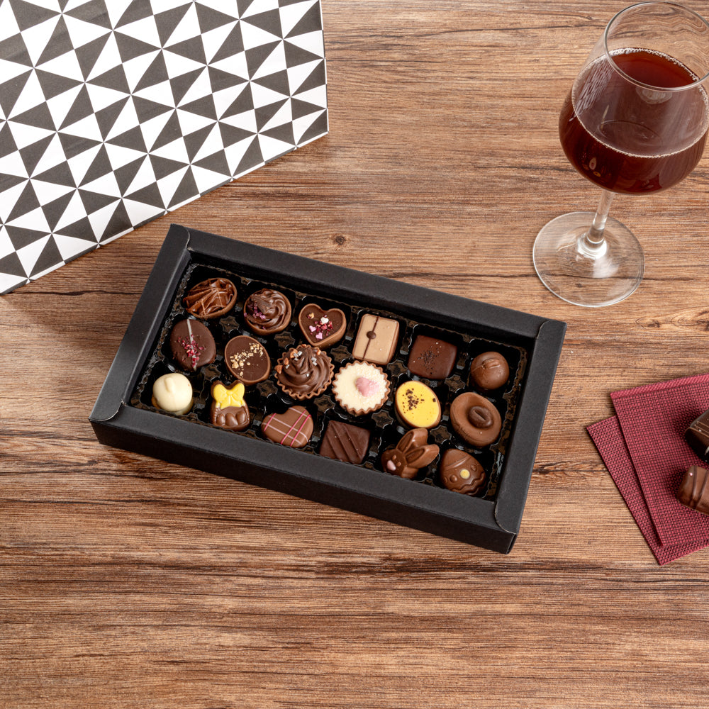 Sweet Vision Rectangle Black Paper Candy / Chocolate Boxes - 18 Compartments - 10" x 5 3/4" x 1 1/2" - 10 count box