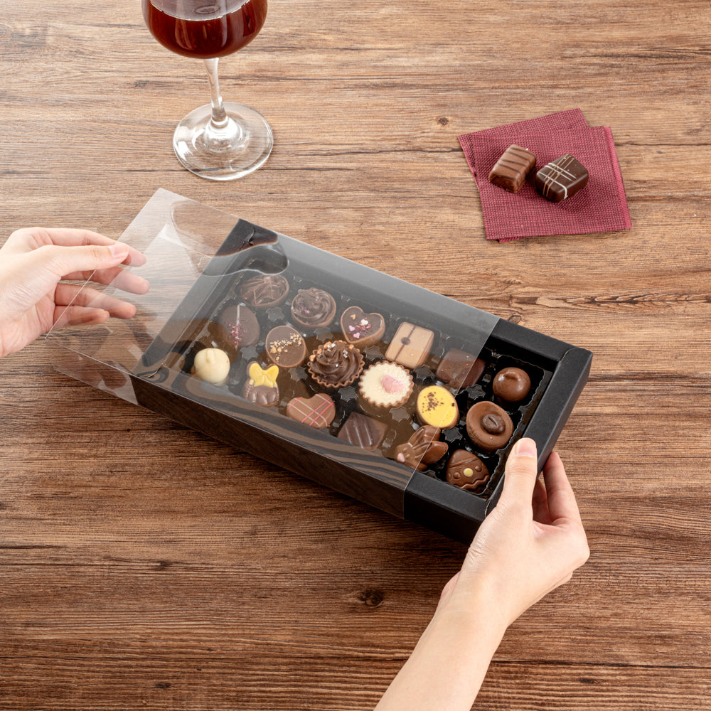 Sweet Vision Rectangle Black Paper Candy / Chocolate Boxes - 18 Compartments - 10" x 5 3/4" x 1 1/2" - 10 count box