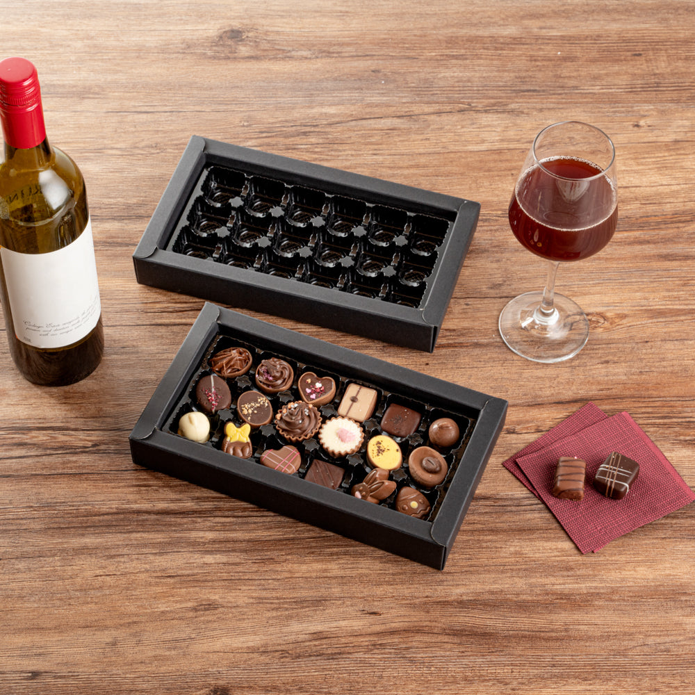 Sweet Vision Rectangle Black Paper Candy / Chocolate Boxes - 18 Compartments - 10" x 5 3/4" x 1 1/2" - 10 count box