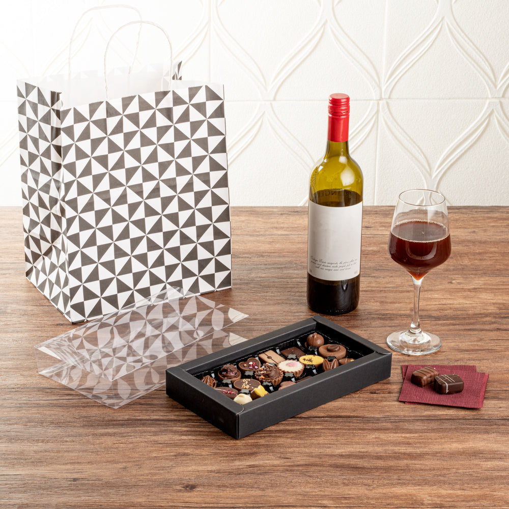 Sweet Vision Rectangle Black Paper Candy / Chocolate Boxes - 18 Compartments - 10" x 5 3/4" x 1 1/2" - 10 count box