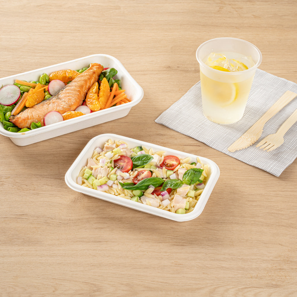 Pulp Safe No PFAS Added 12 oz Rectangle White Sugarcane / Bagasse Container - Home Compostable - 7" x 4 1/2" x 1" - 100 count box