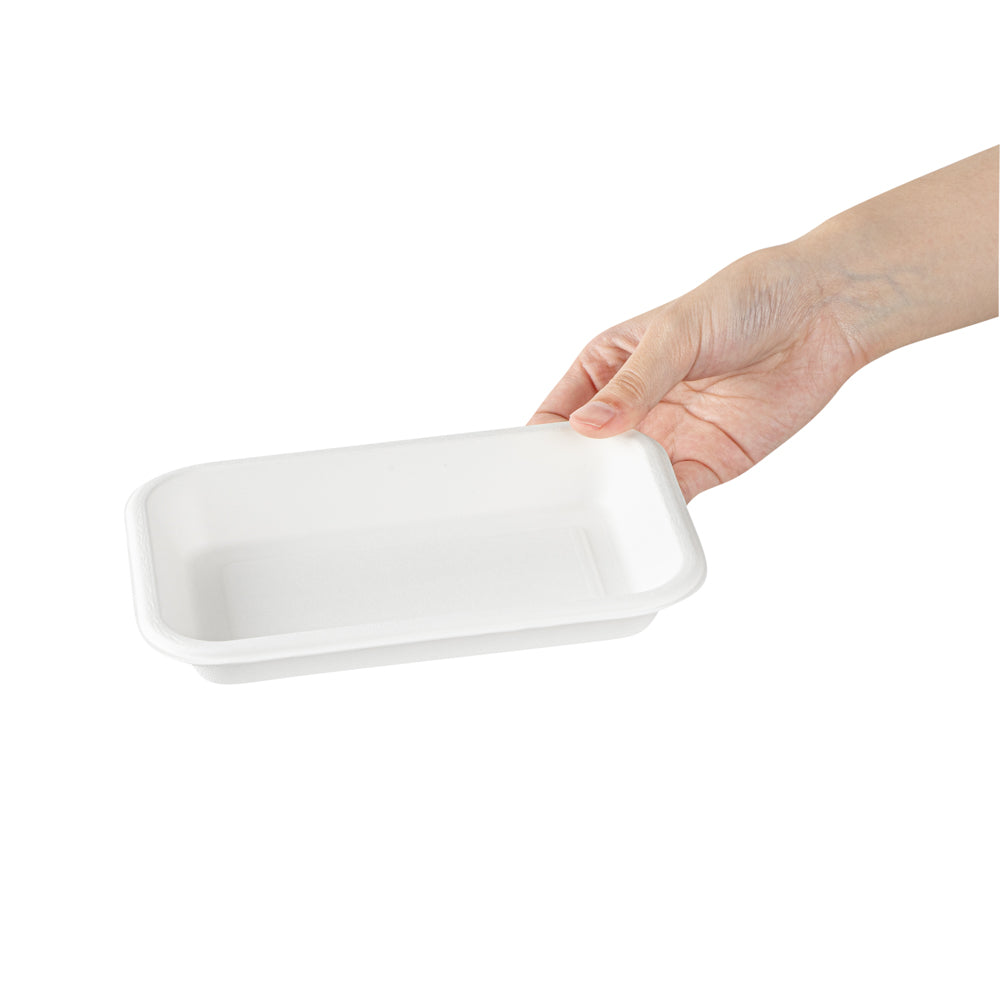 Pulp Safe No PFAS Added 12 oz Rectangle White Sugarcane / Bagasse Container - Home Compostable - 7" x 4 1/2" x 1" - 100 count box