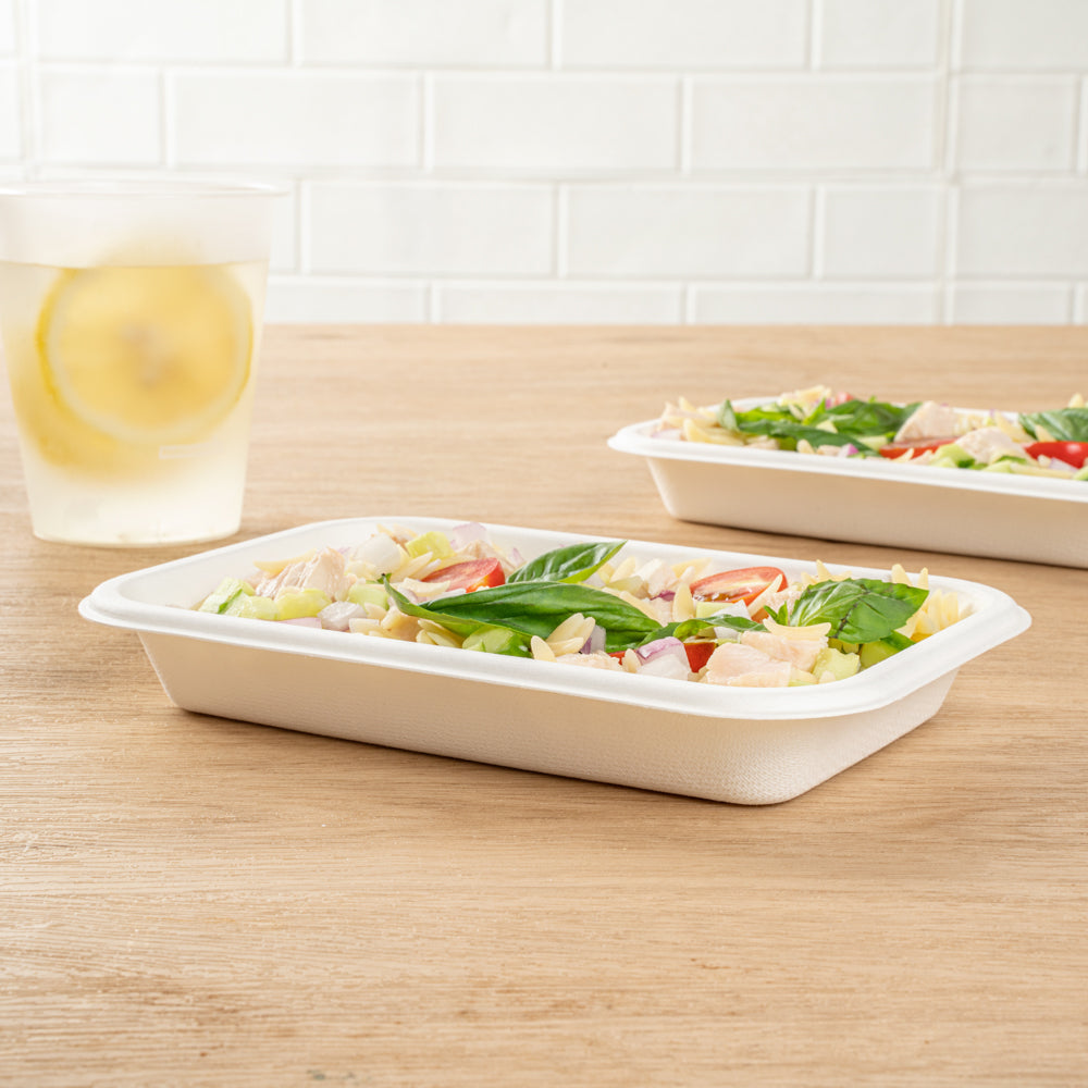 Pulp Safe No PFAS Added 12 oz Rectangle White Sugarcane / Bagasse Container - Home Compostable - 7" x 4 1/2" x 1" - 100 count box
