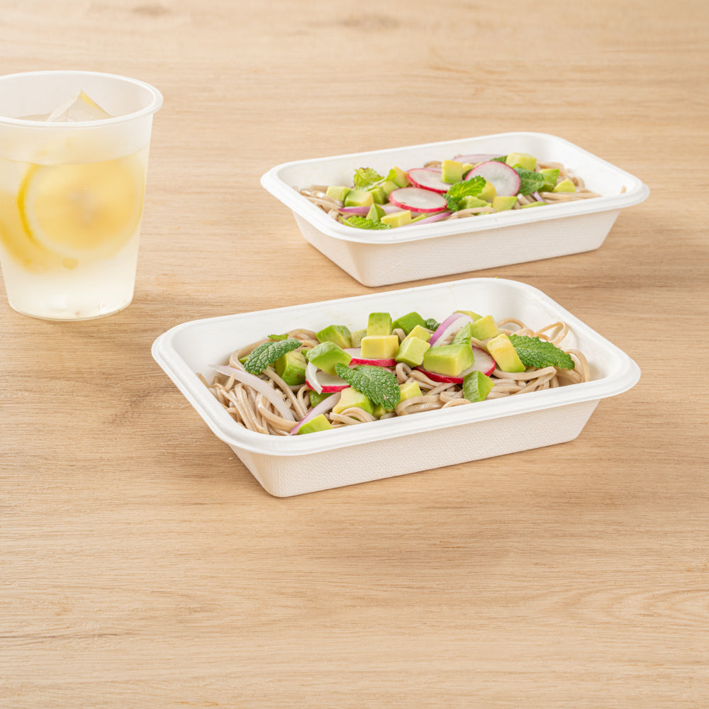 Pulp Safe No PFAS Added 16 oz Rectangle White Sugarcane / Bagasse Container - Home Compostable - 7" x 4 1/2" x 1 1/2" - 100 count box