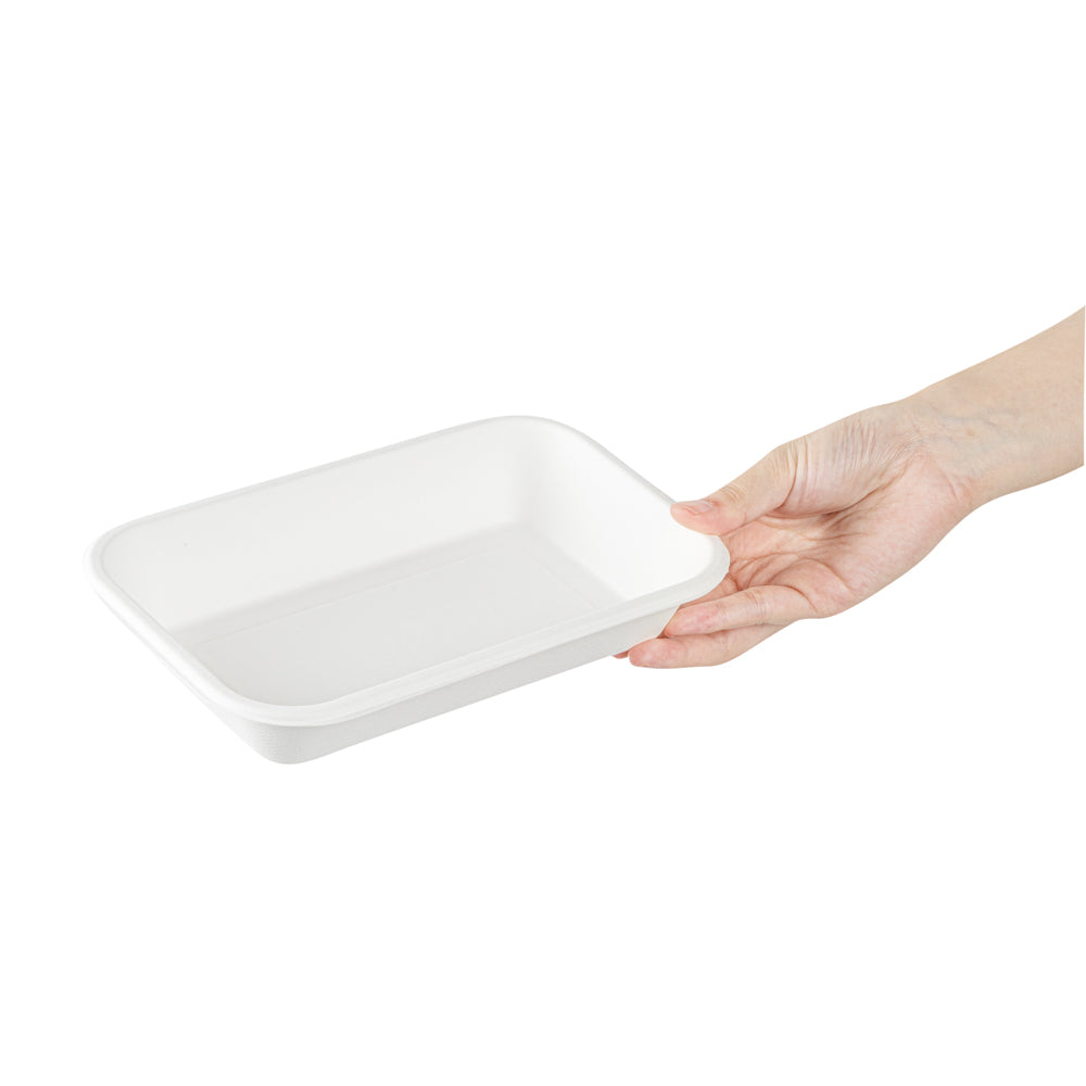 Pulp Safe No PFAS Added 24 oz Rectangle White Sugarcane / Bagasse Container - Home Compostable - 8 1/4" x 5 1/2" x 1 1/2" - 100 count box