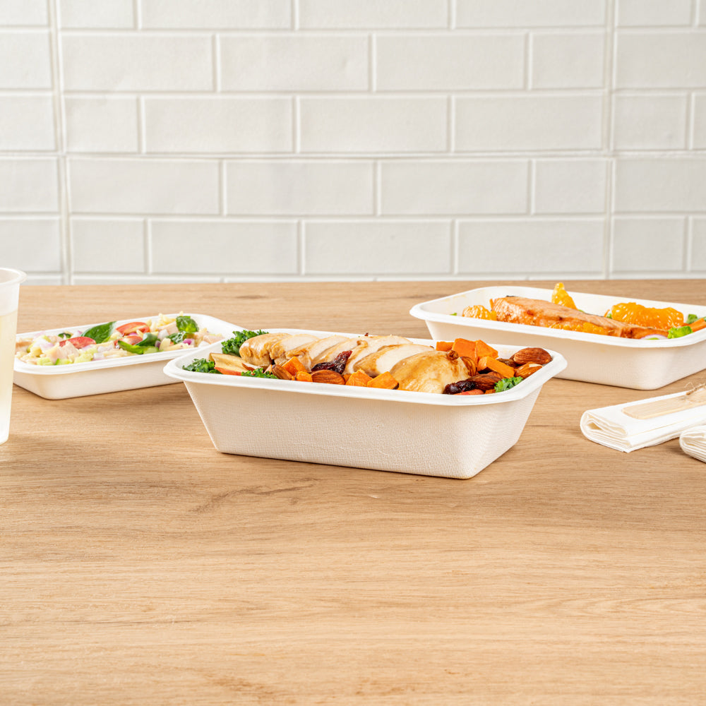 Pulp Safe No PFAS Added 32 oz Rectangle White Sugarcane / Bagasse Container - Home Compostable - 8 1/4" x 5 1/2" x 2 1/4" - 100 count box