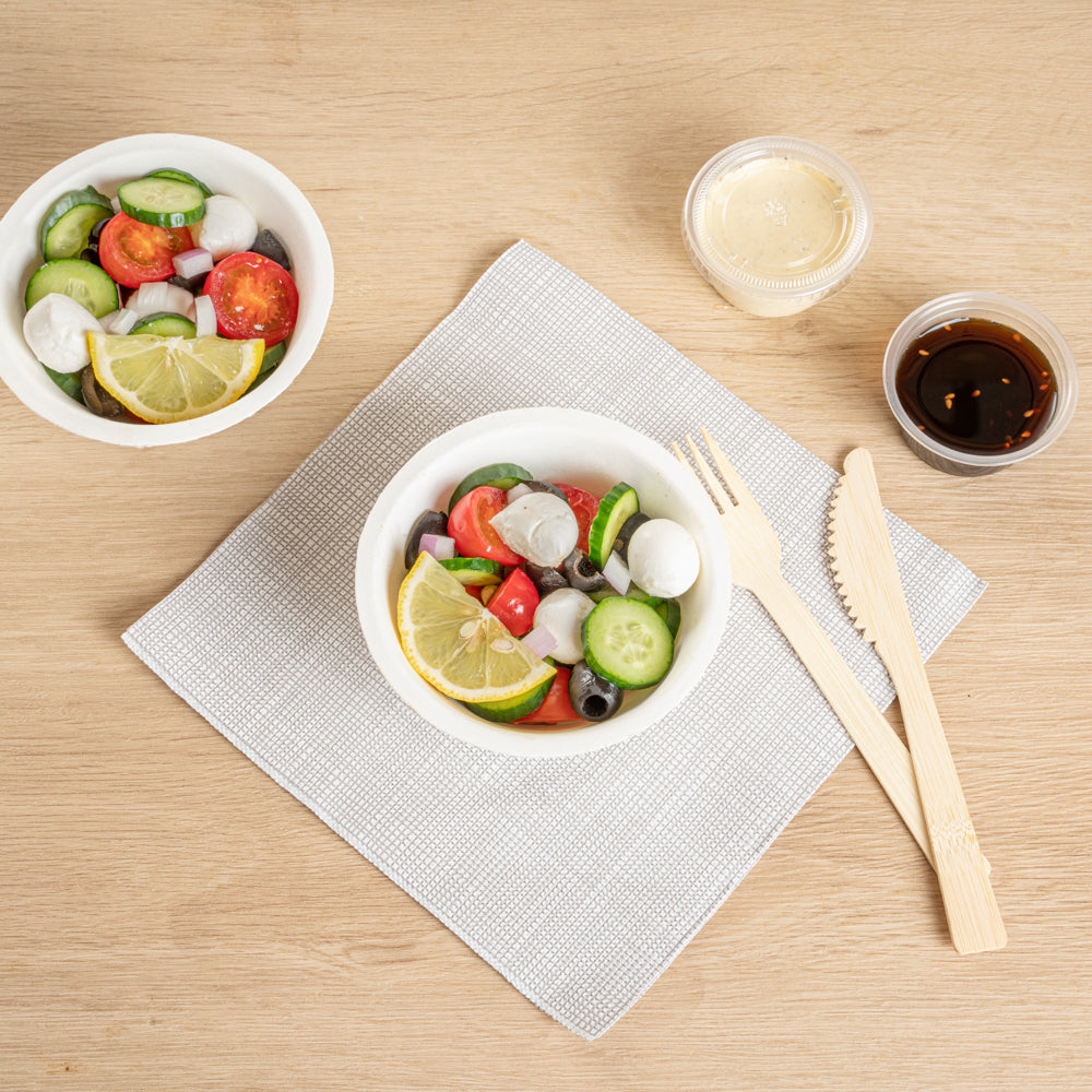 Pulp Safe No PFAS Added 8 oz Round White Sugarcane / Bagasse Salad Bowl - Home Compostable - 4 1/2" x 4 1/2" x 1 3/4" - 100 count box