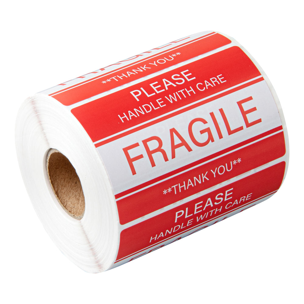 Label Tek Red and White Paper Fragile / Handle with Care Label - 3" x 2" - 500 count roll