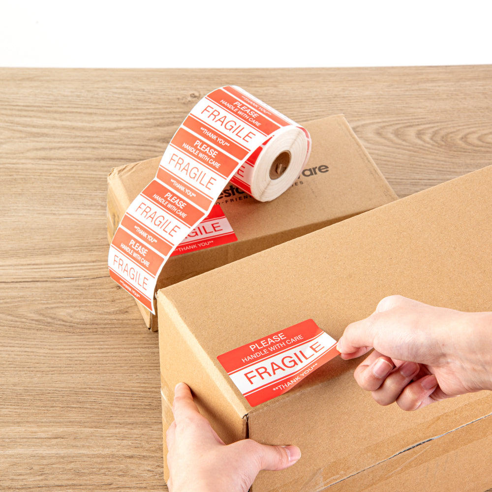 Label Tek Red and White Paper Fragile / Handle with Care Label - 3" x 2" - 500 count roll