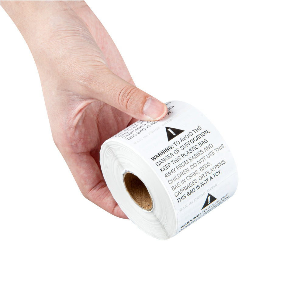 Label Tek White Paper Suffocation Warning Label - 2" x 2" - 500 count roll