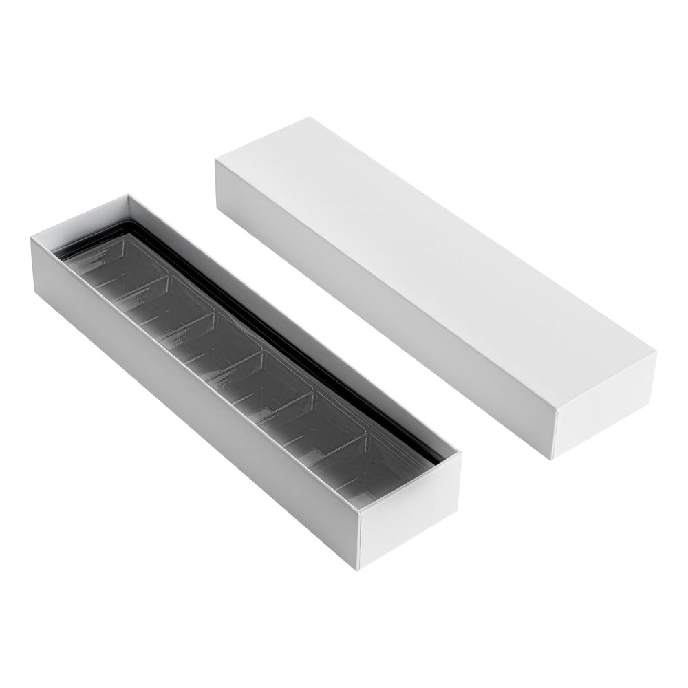Sweet Vision Rectangle White Paper Candy / Chocolate Boxes - 6 Compartments - 10 3/4" x 2 3/4" x 1 1/2" - 10 count box