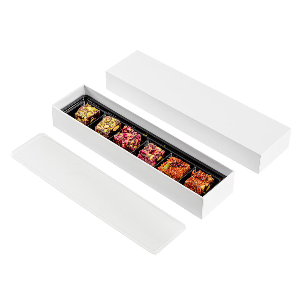 Sweet Vision Rectangle White Paper Candy / Chocolate Boxes - 6 Compartments - 10 3/4" x 2 3/4" x 1 1/2" - 10 count box