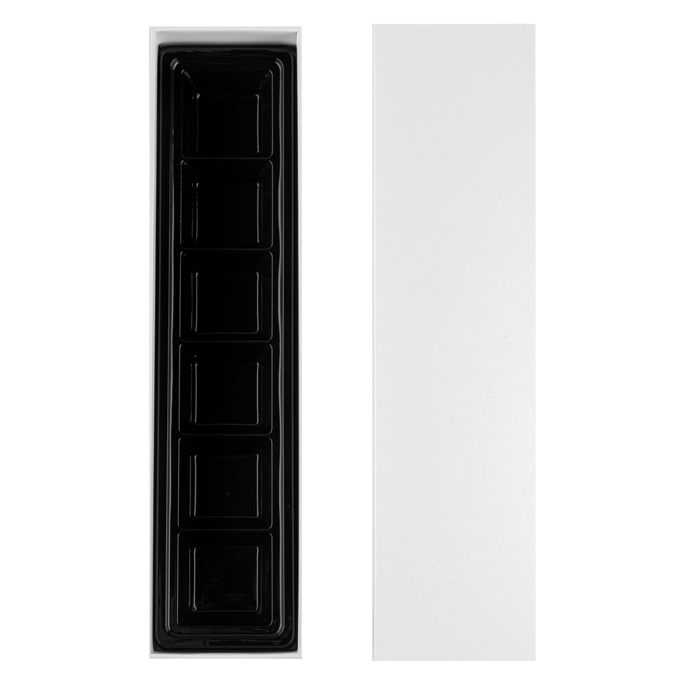 Sweet Vision Rectangle White Paper Candy / Chocolate Boxes - 6 Compartments - 10 3/4" x 2 3/4" x 1 1/2" - 100 count box