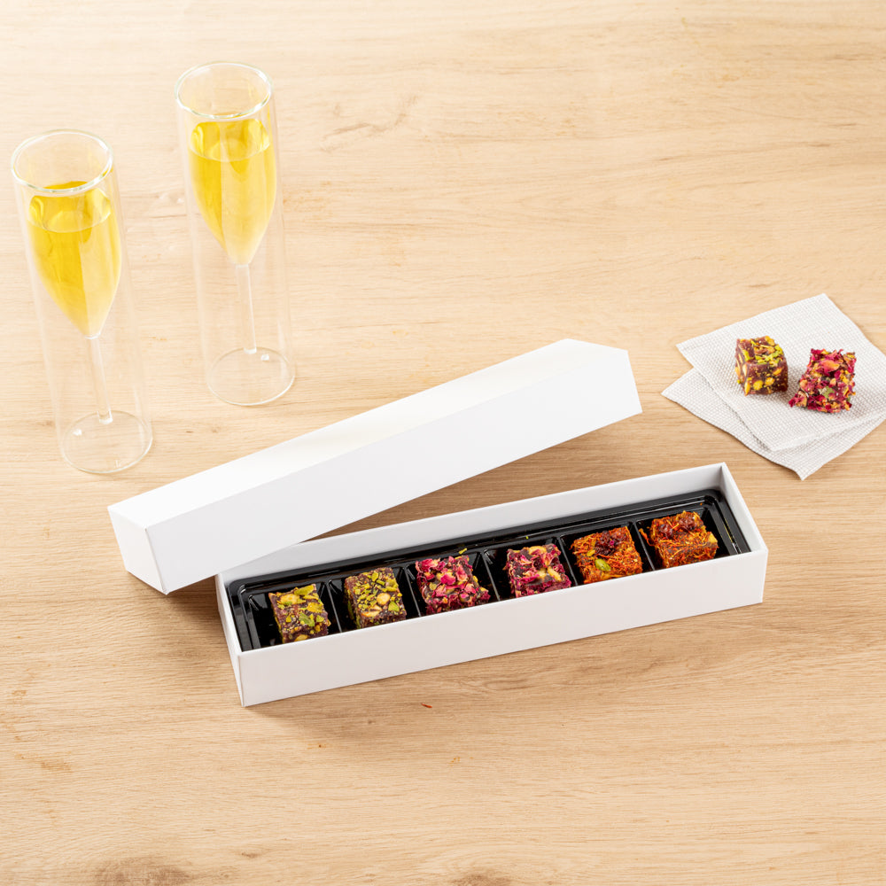 Sweet Vision Rectangle White Paper Candy / Chocolate Boxes - 6 Compartments - 10 3/4" x 2 3/4" x 1 1/2" - 100 count box
