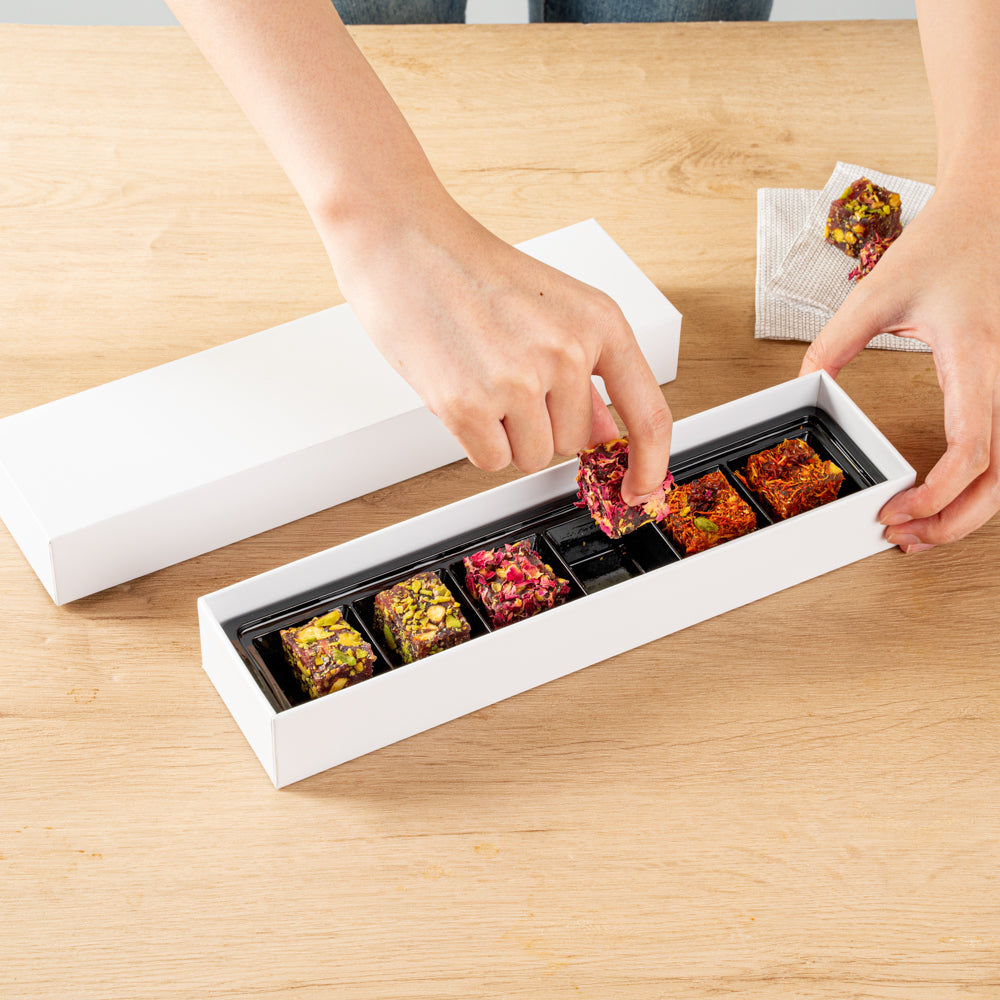Sweet Vision Rectangle White Paper Candy / Chocolate Boxes - 6 Compartments - 10 3/4" x 2 3/4" x 1 1/2" - 100 count box